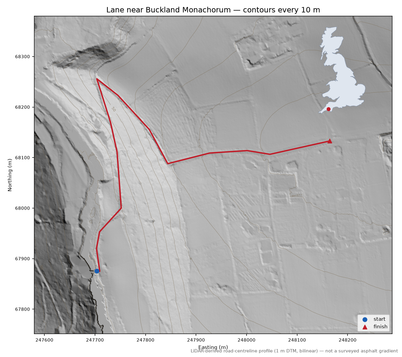 Lane near Buckland Monachorum LiDAR hillshade map with contours
