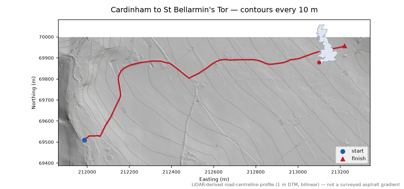 Cardinham to St Bellarmin's Tor LiDAR hillshade map with contours