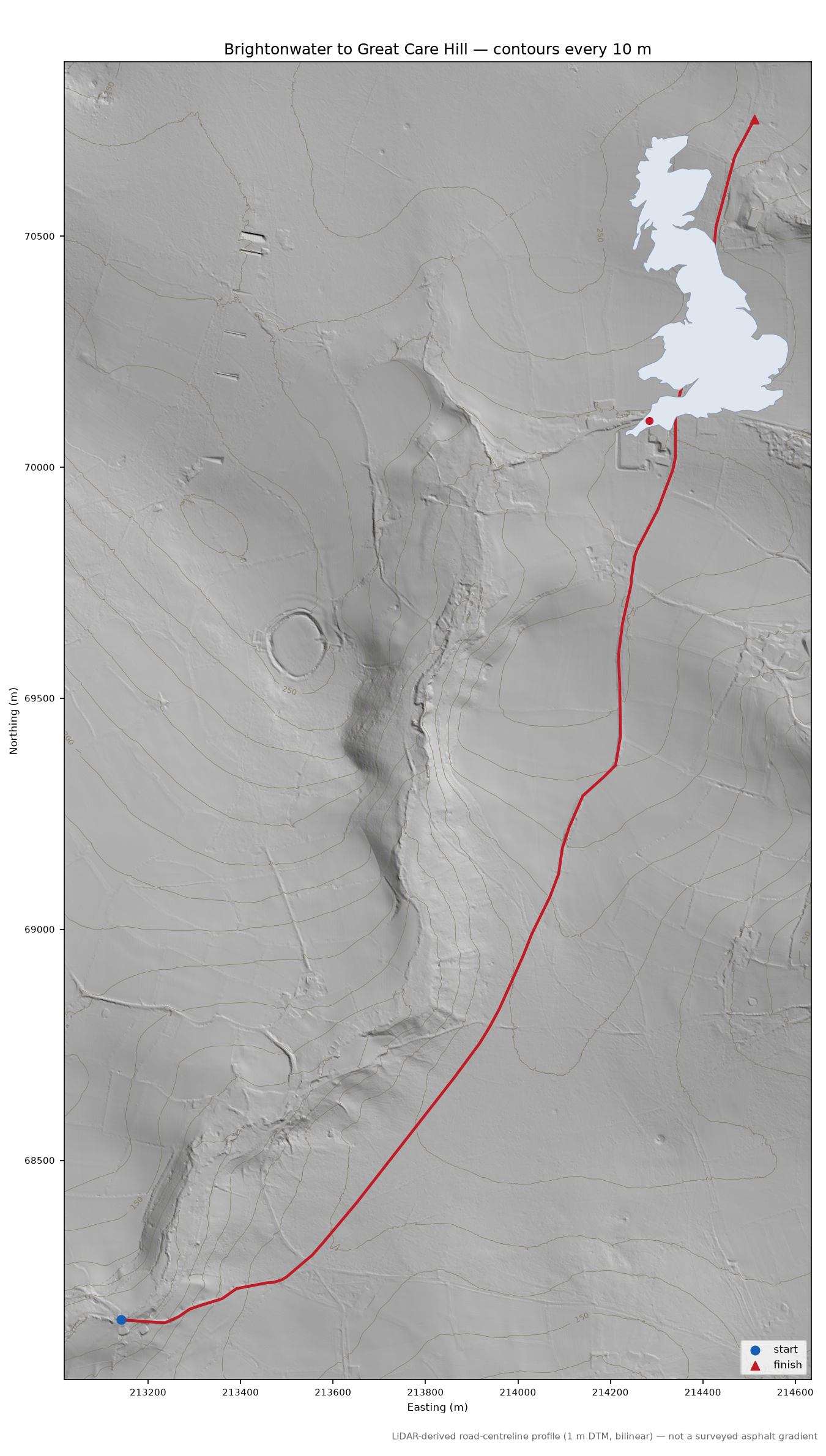 Brightonwater to Great Care Hill LiDAR hillshade map with contours