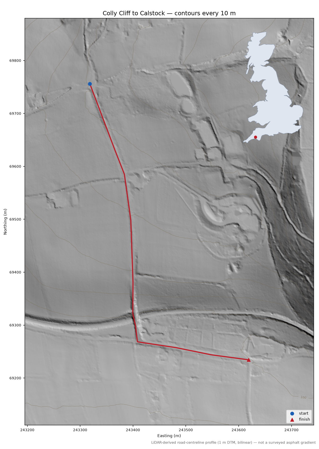 Colly Cliff to Calstock LiDAR hillshade map with contours