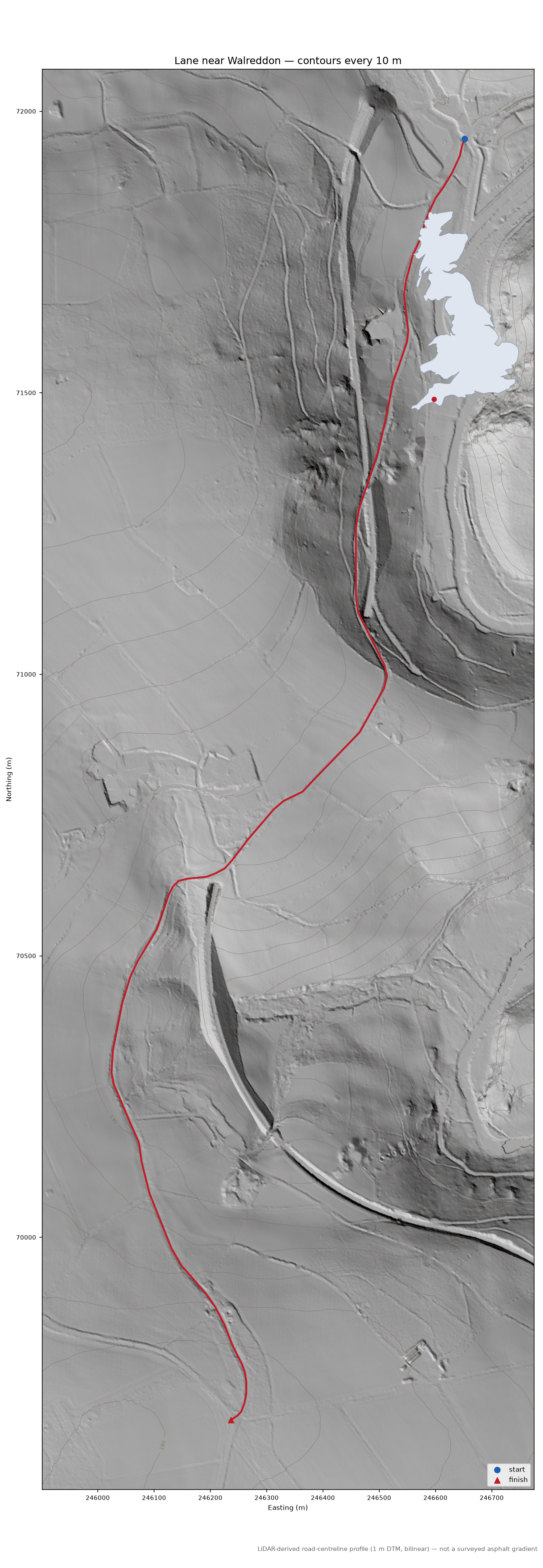 Lane near Walreddon LiDAR hillshade map with contours