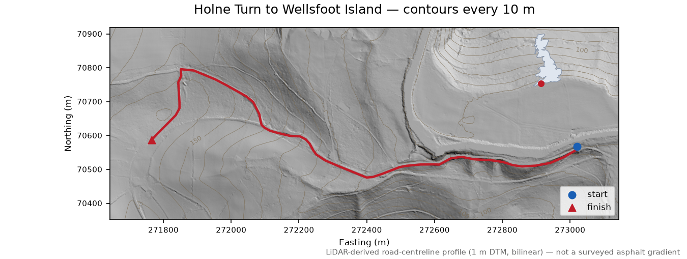 Holne Turn to Wellsfoot Island LiDAR hillshade map with contours