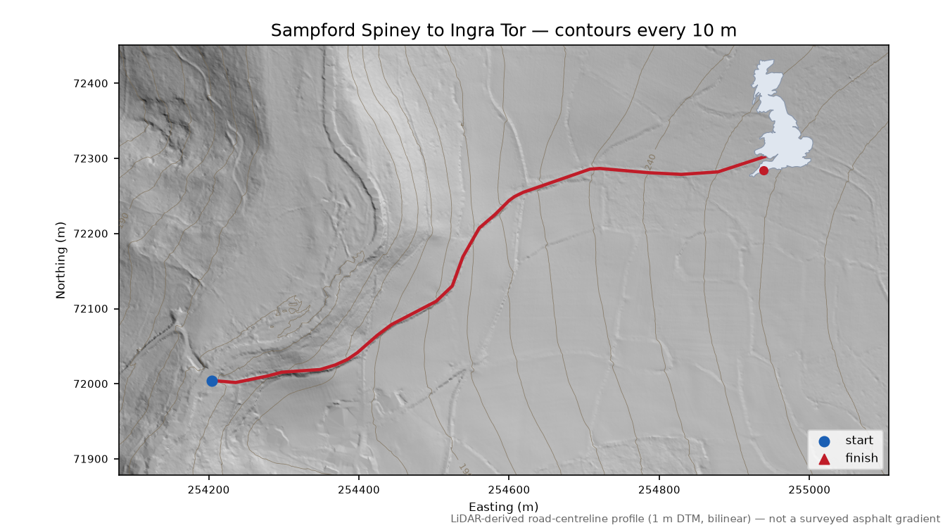 Sampford Spiney to Ingra Tor LiDAR hillshade map with contours