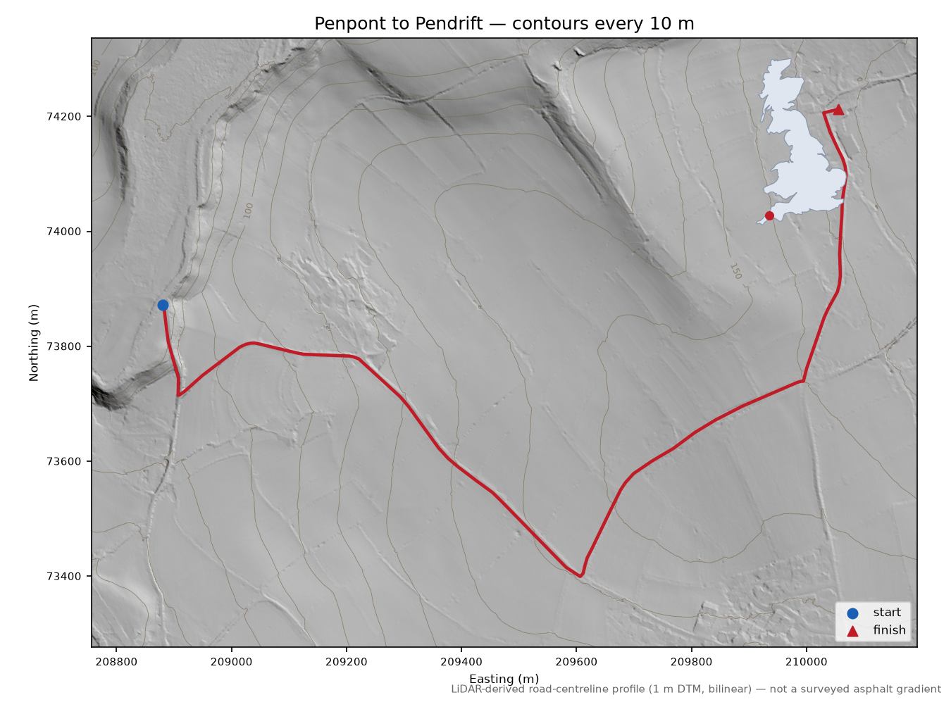 Penpont to Pendrift LiDAR hillshade map with contours