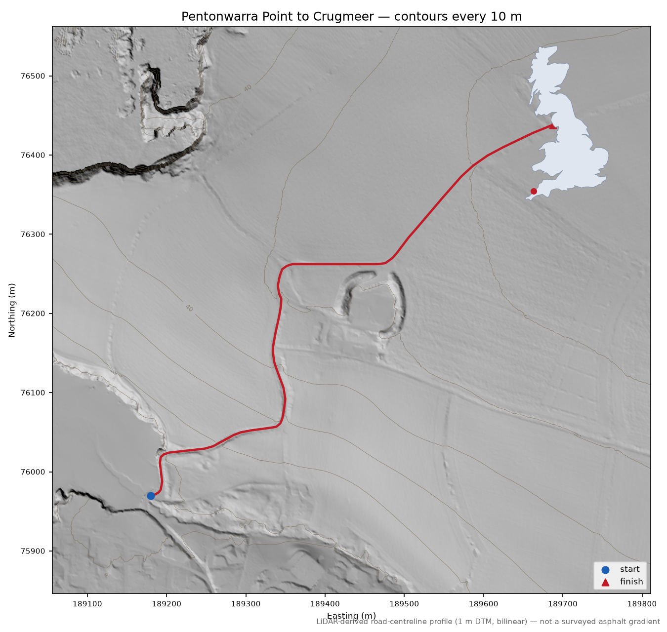 Pentonwarra Point to Crugmeer LiDAR hillshade map with contours