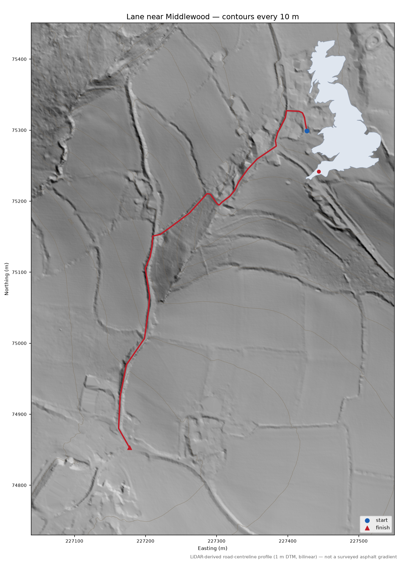 Lane near Middlewood LiDAR hillshade map with contours