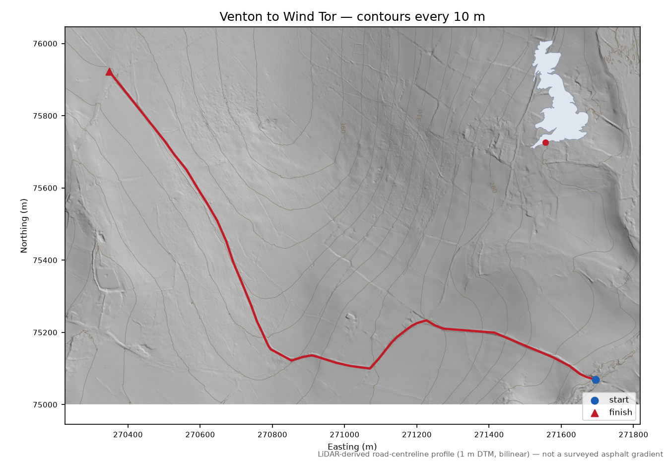 Venton to Wind Tor LiDAR hillshade map with contours