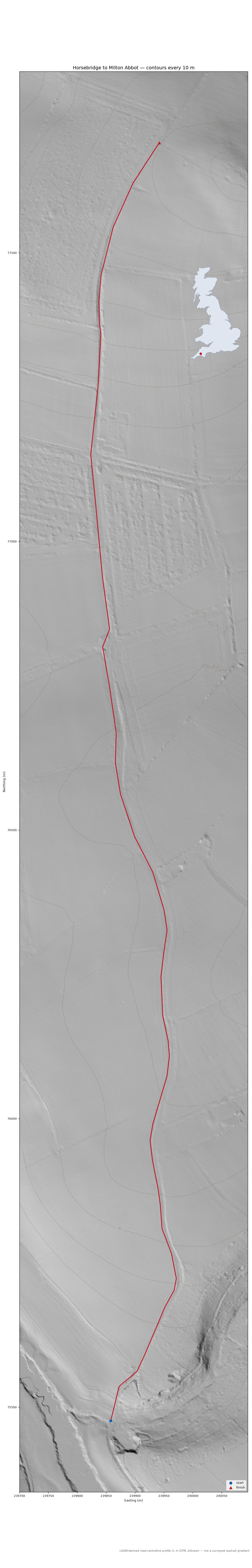 Horsebridge to Milton Abbot LiDAR hillshade map with contours