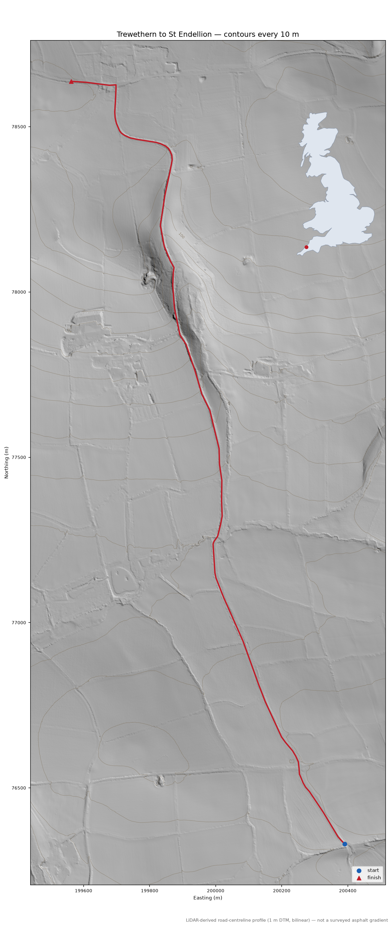Trewethern to St Endellion LiDAR hillshade map with contours