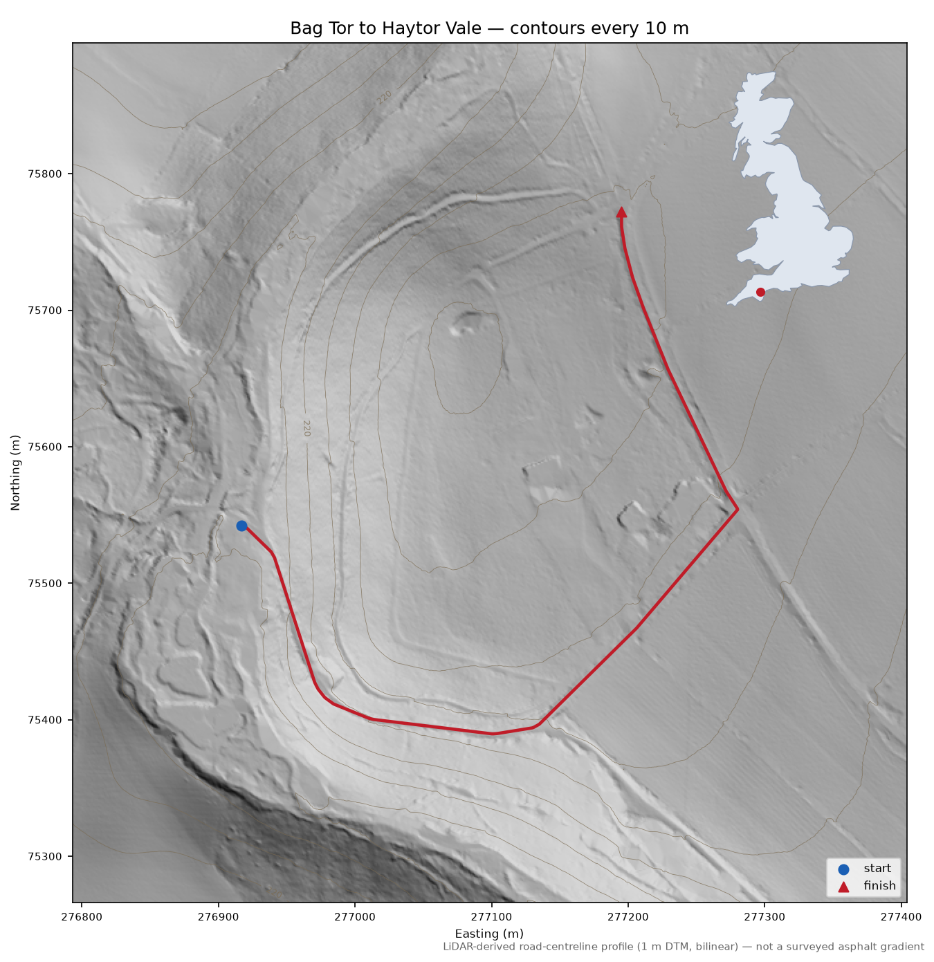 Bag Tor to Haytor Vale LiDAR hillshade map with contours