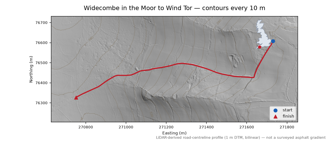 Widecombe in the Moor to Wind Tor LiDAR hillshade map with contours