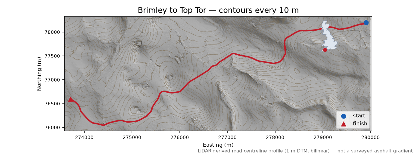 Brimley to Top Tor LiDAR hillshade map with contours