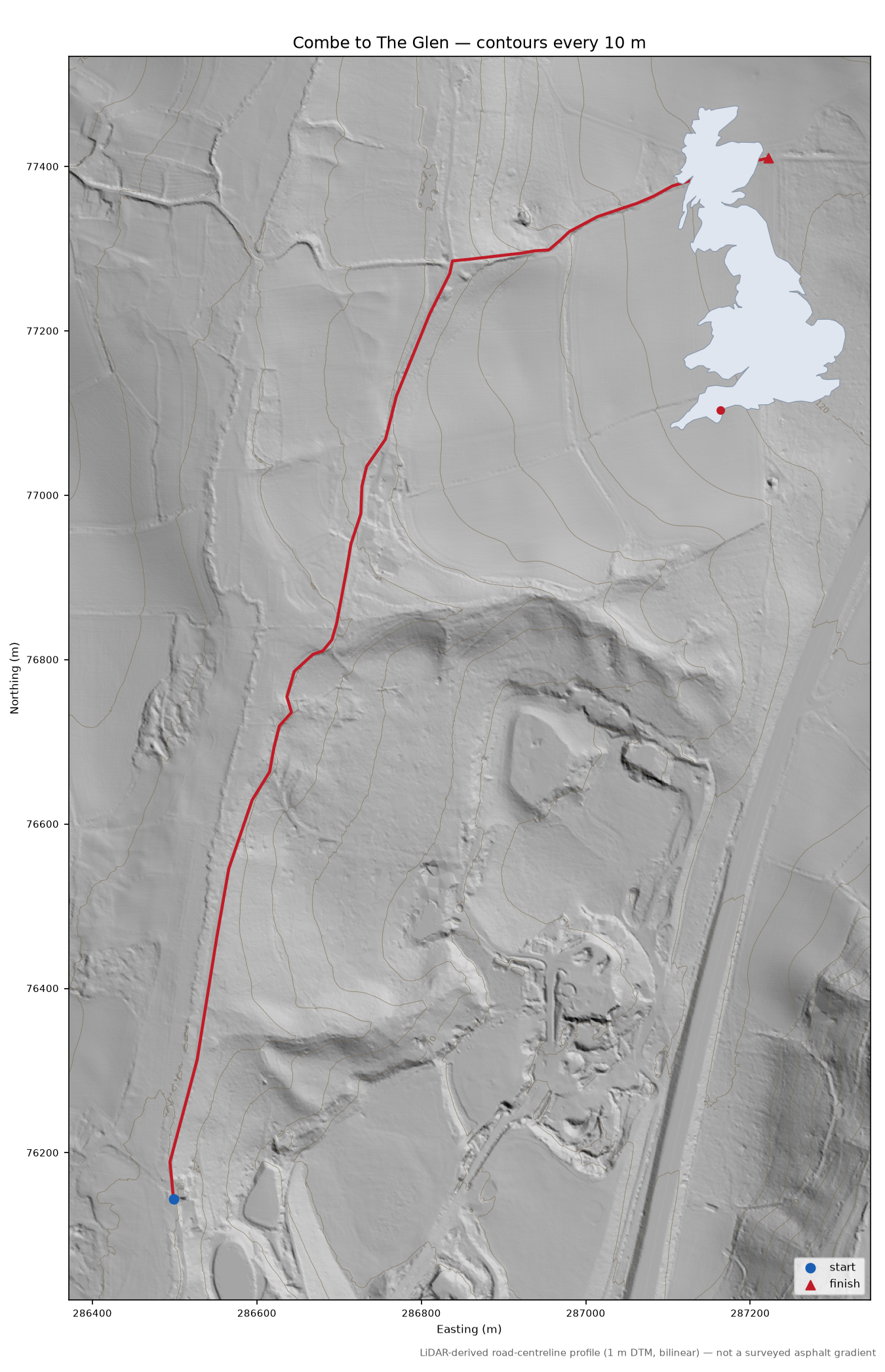 Combe to The Glen LiDAR hillshade map with contours
