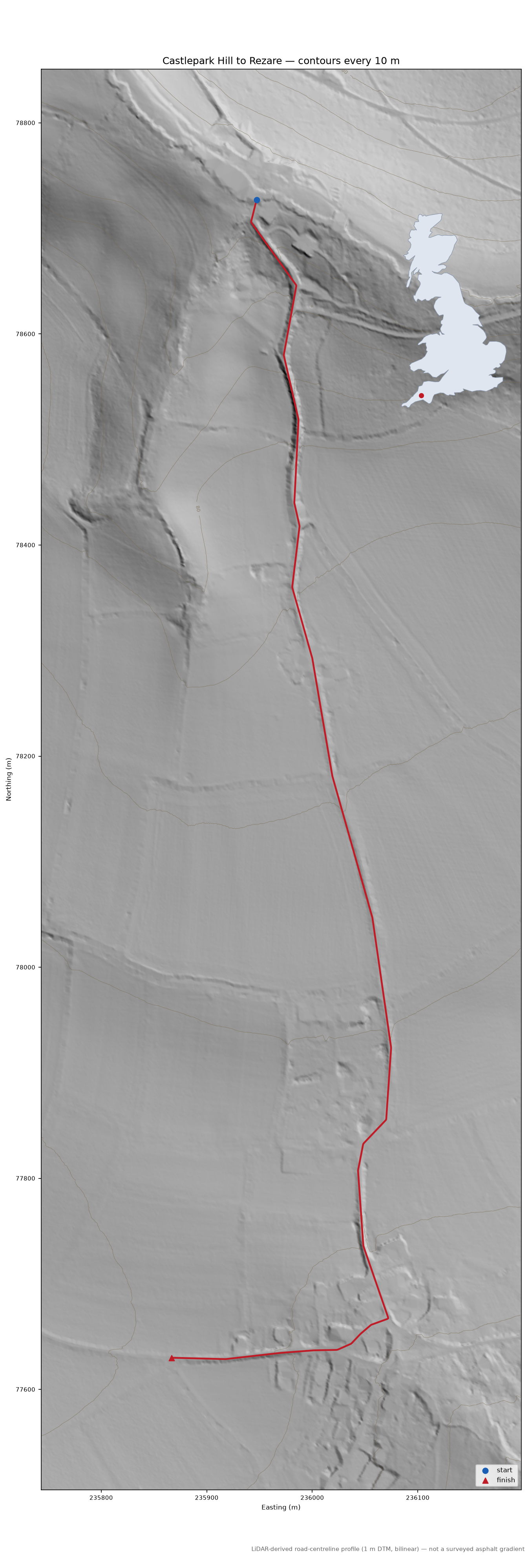Castlepark Hill to Rezare LiDAR hillshade map with contours