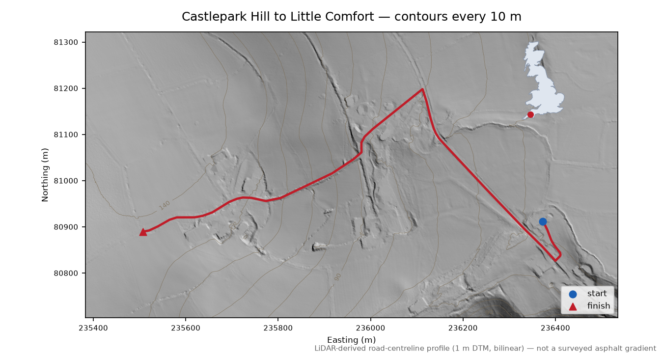 Castlepark Hill to Little Comfort LiDAR hillshade map with contours