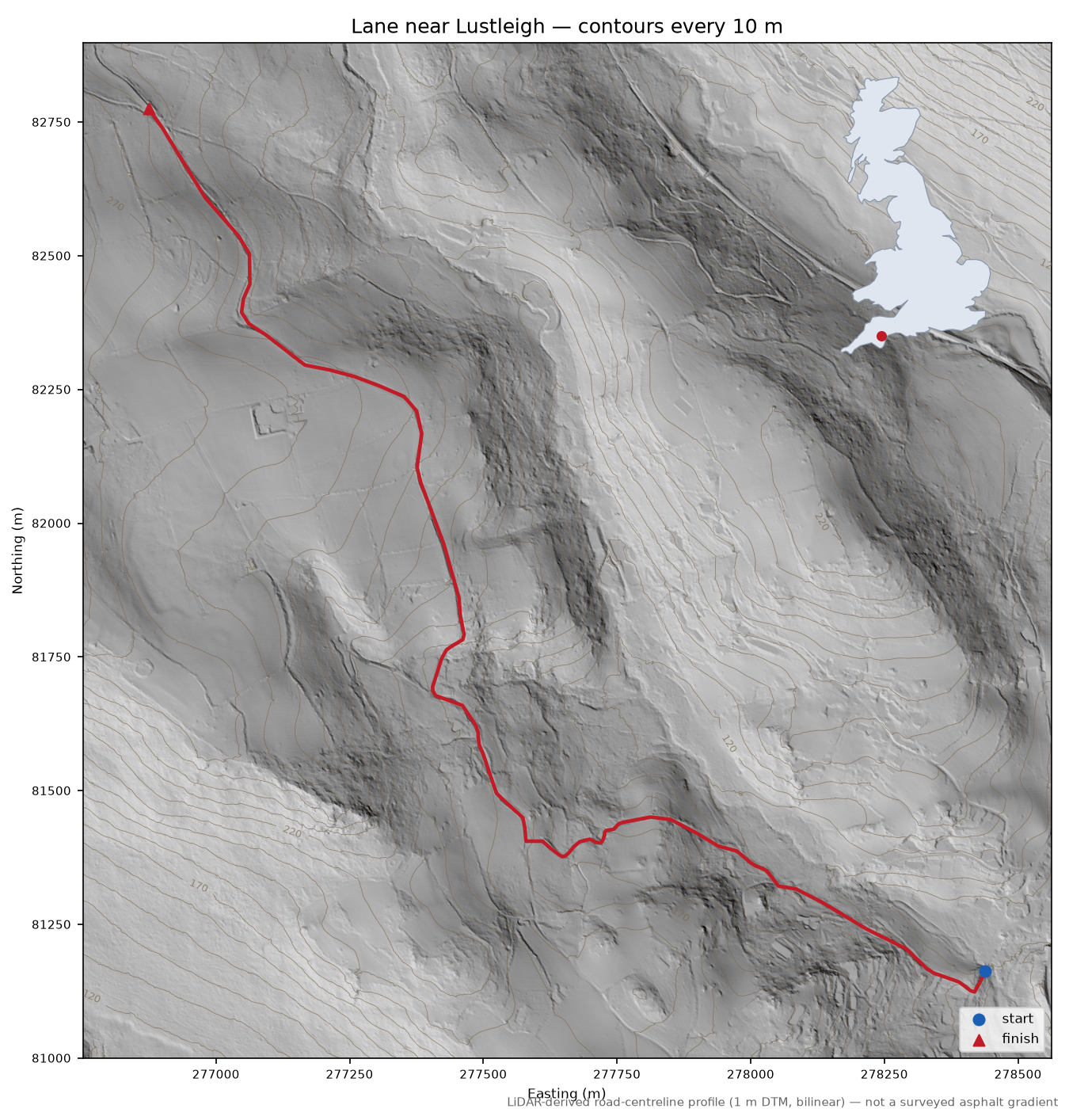 Lane near Lustleigh LiDAR hillshade map with contours