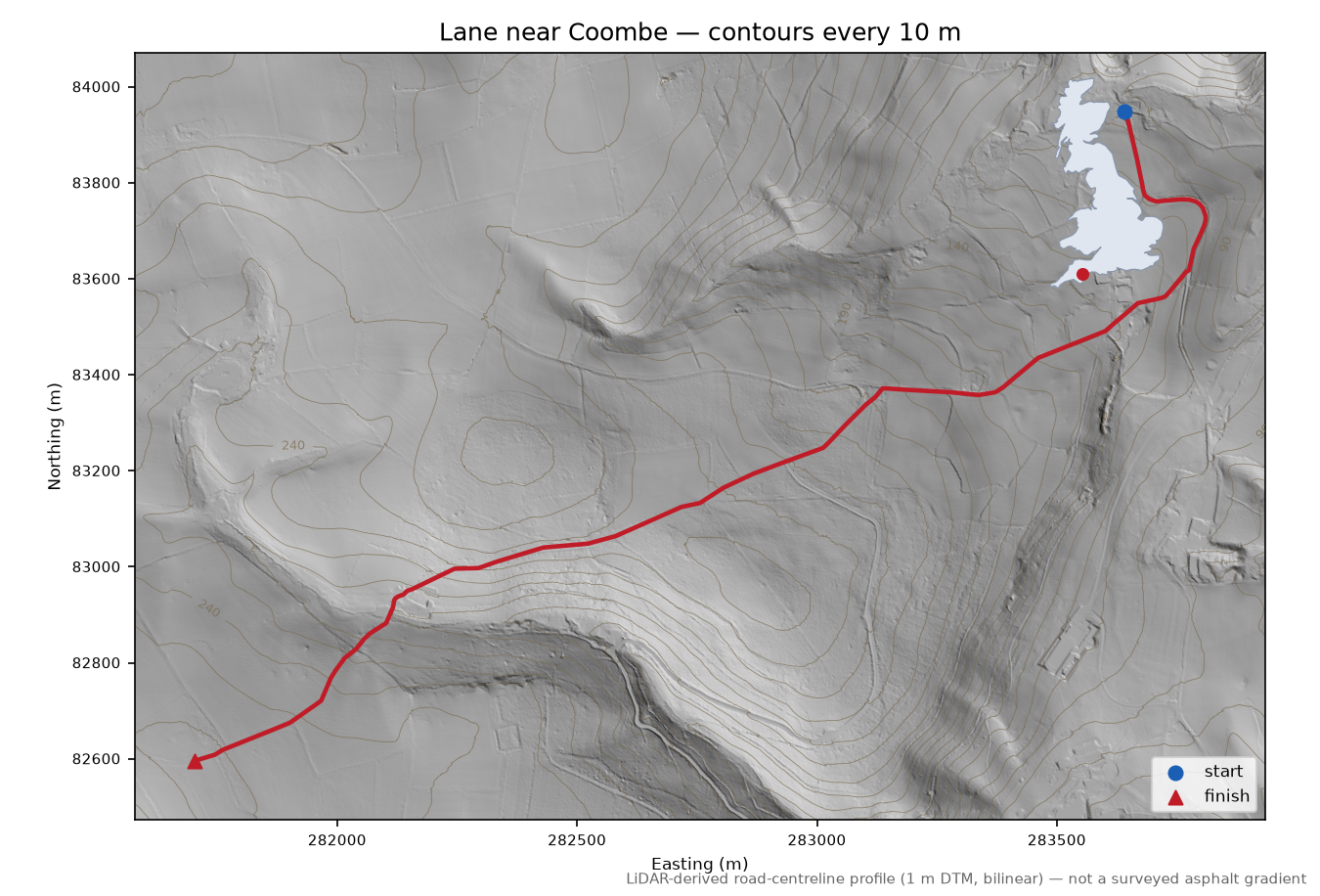 Lane near Coombe LiDAR hillshade map with contours