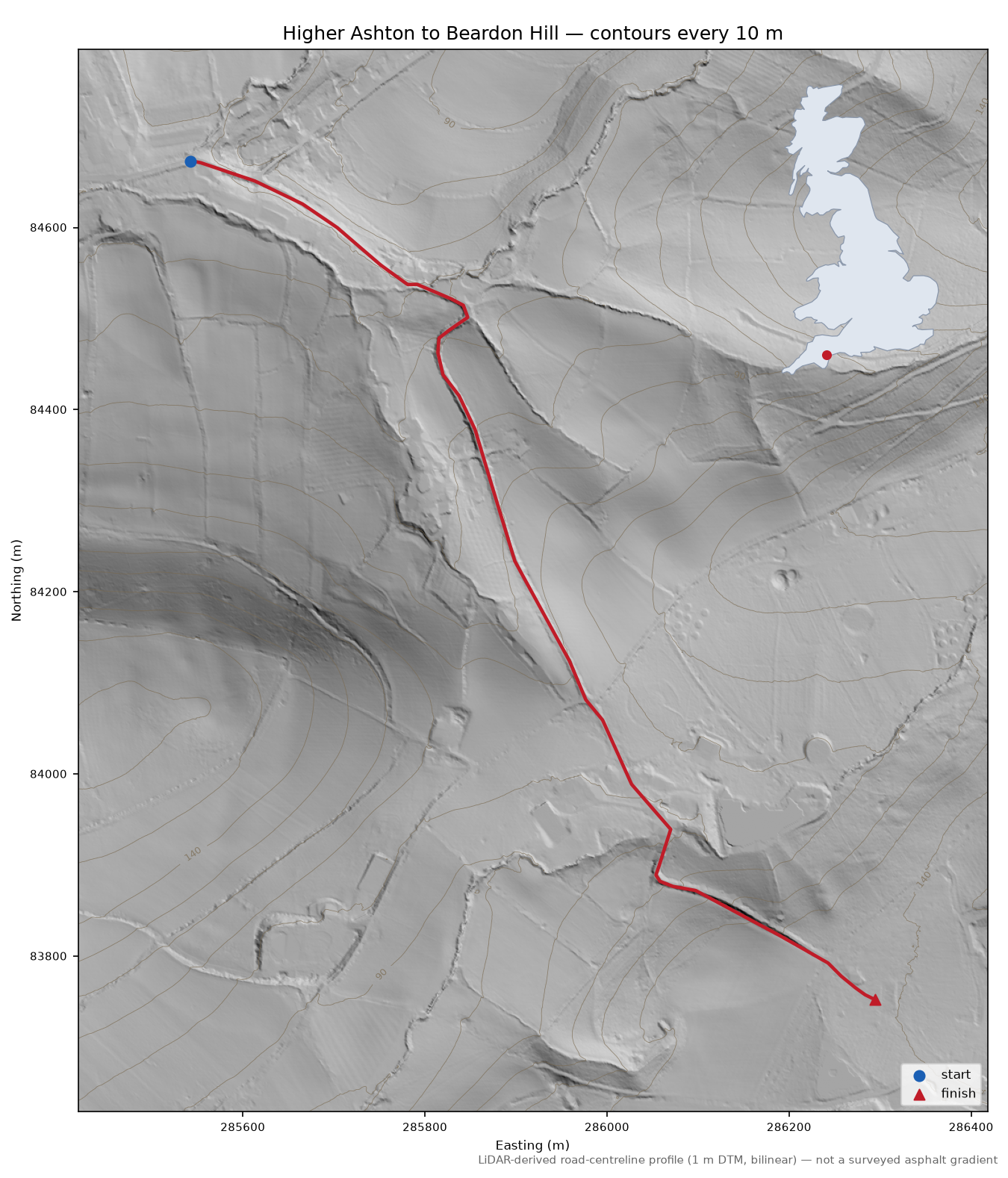 Higher Ashton to Beardon Hill LiDAR hillshade map with contours