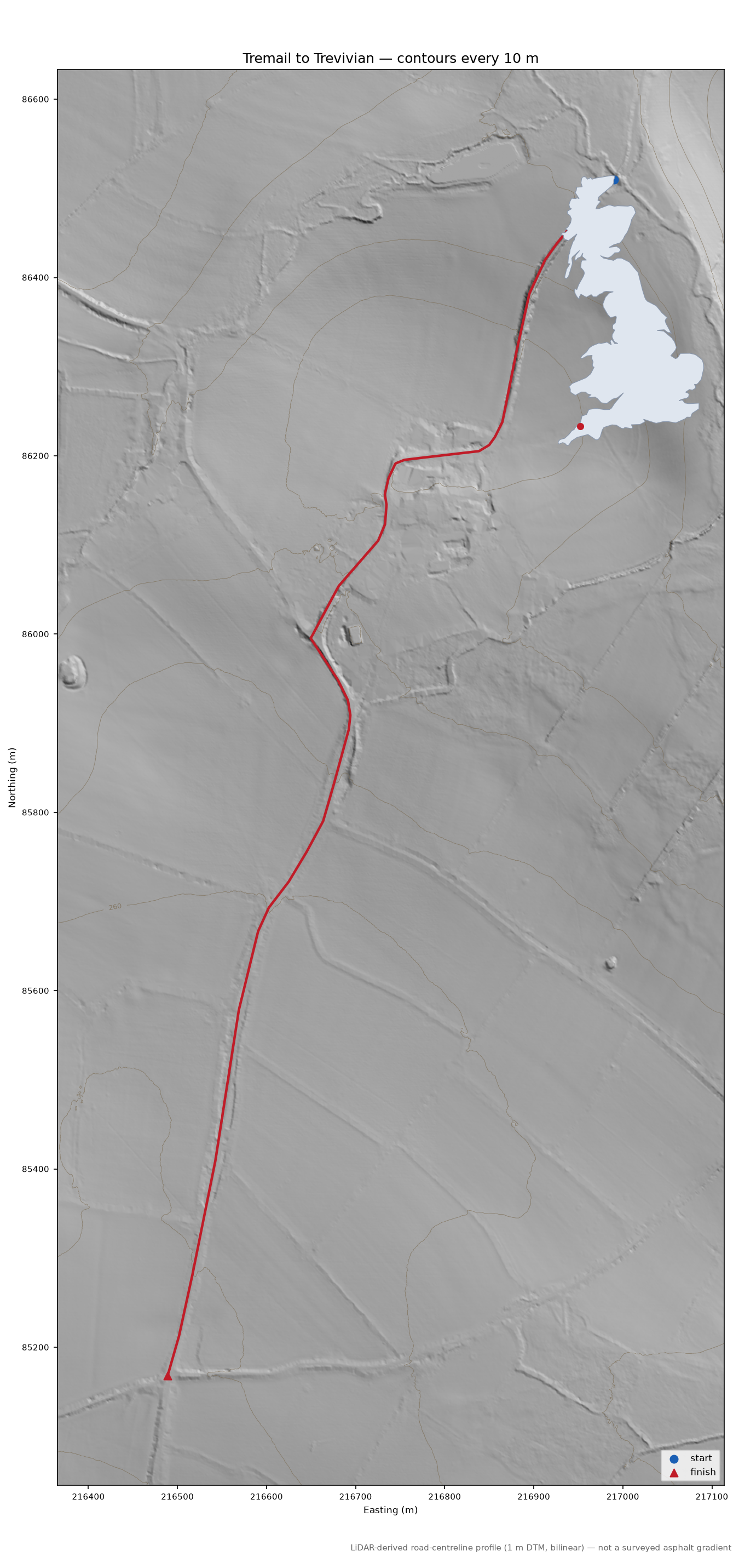 Tremail to Trevivian LiDAR hillshade map with contours