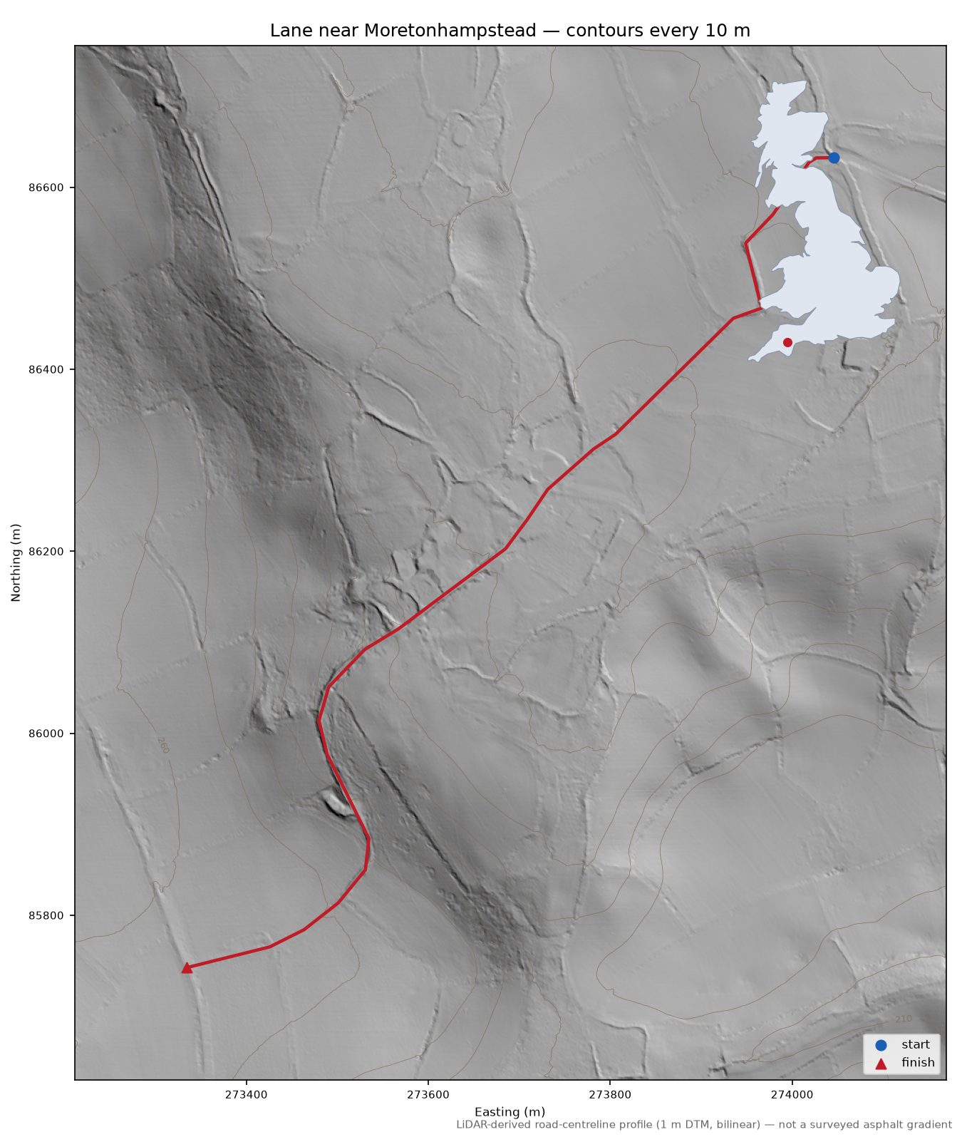 Lane near Moretonhampstead LiDAR hillshade map with contours