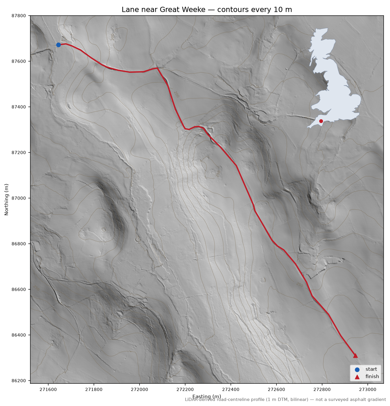 Lane near Great Weeke LiDAR hillshade map with contours
