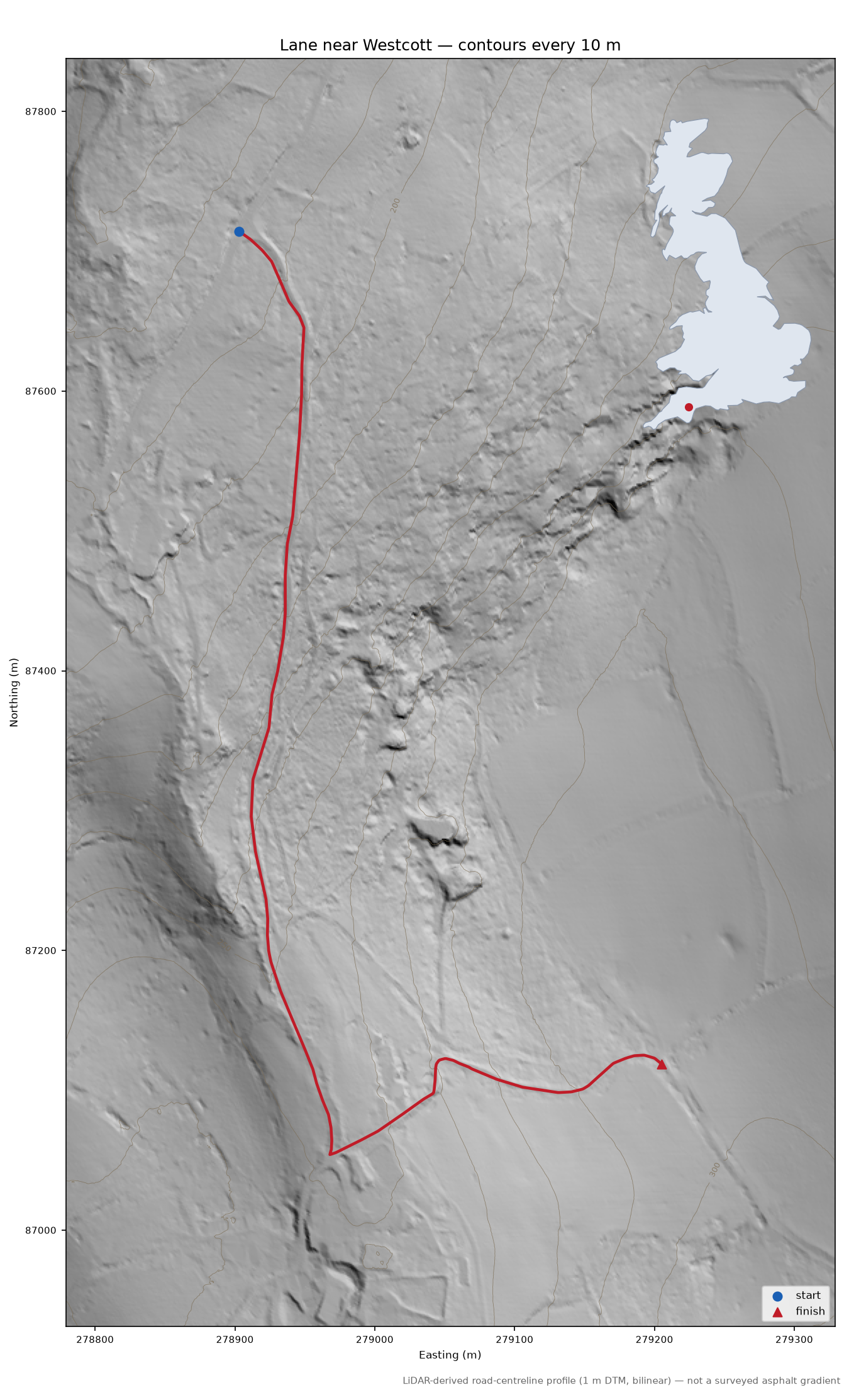 Lane near Westcott LiDAR hillshade map with contours