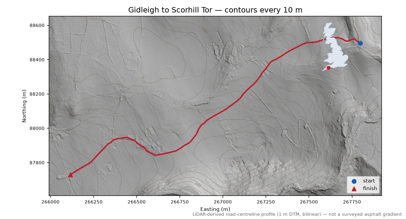 Gidleigh to Scorhill Tor LiDAR hillshade map with contours