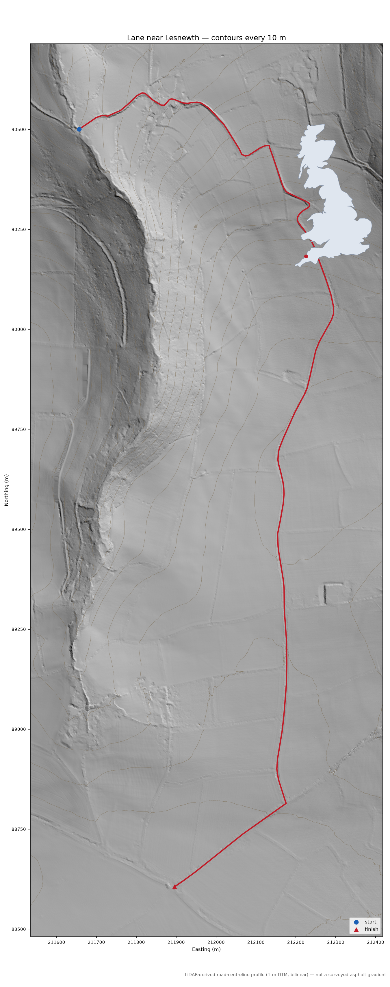 Lane near Lesnewth LiDAR hillshade map with contours