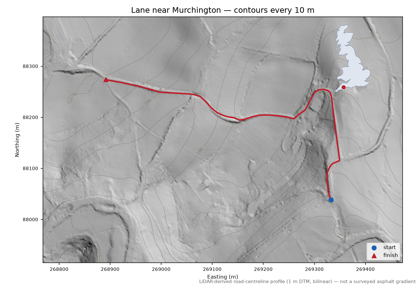 Lane near Murchington LiDAR hillshade map with contours