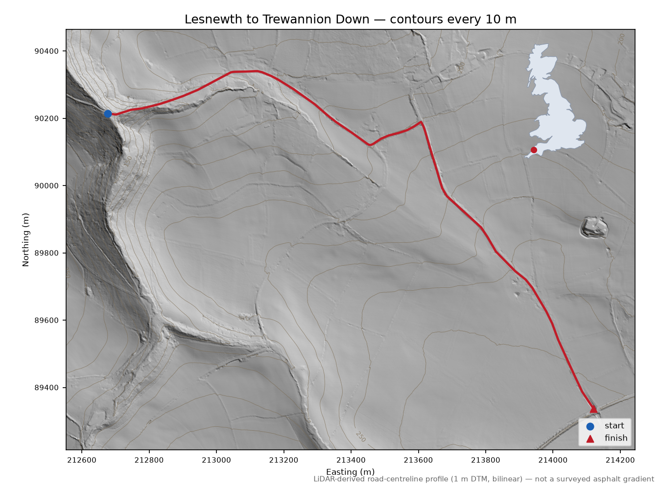 Lesnewth to Trewannion Down LiDAR hillshade map with contours