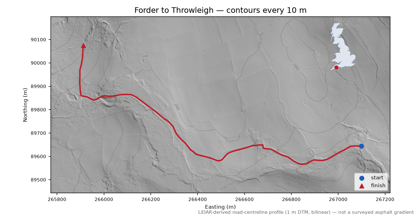 Forder to Throwleigh LiDAR hillshade map with contours