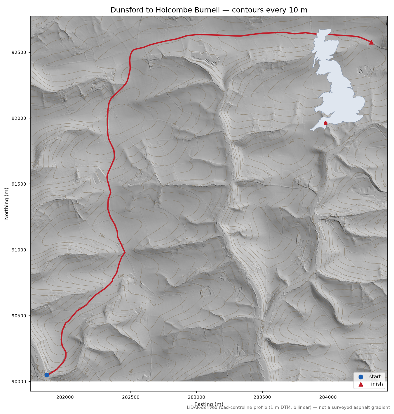 Dunsford to Holcombe Burnell LiDAR hillshade map with contours