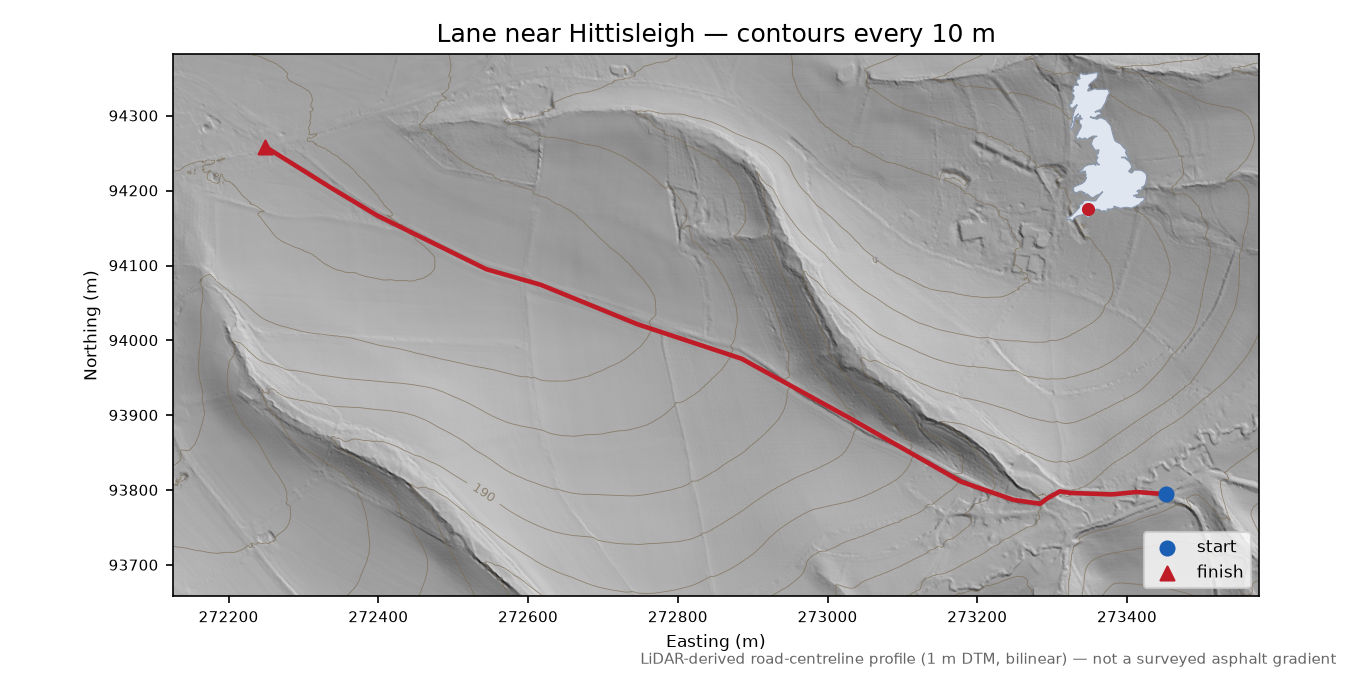 Lane near Hittisleigh LiDAR hillshade map with contours