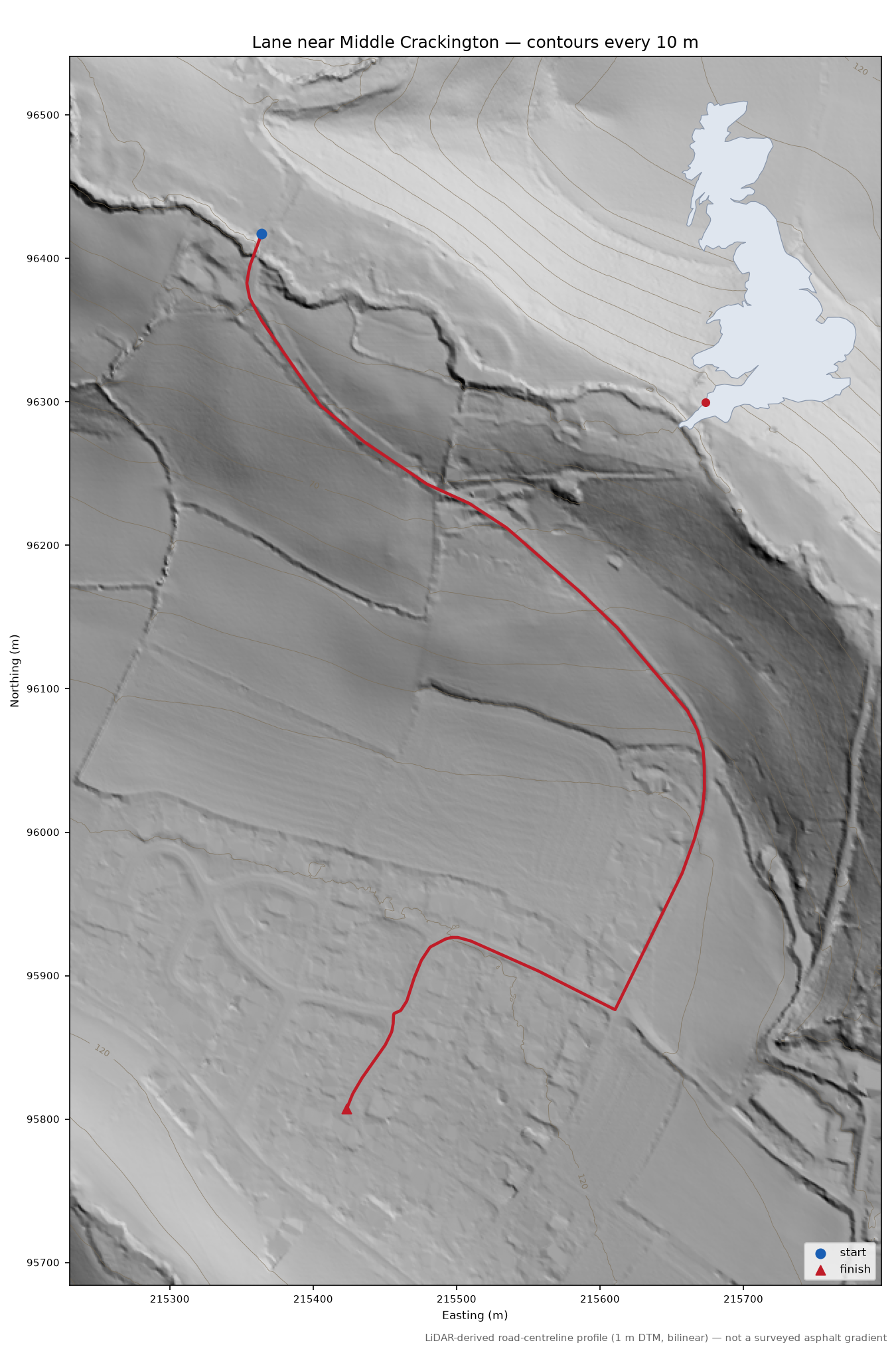 Lane near Middle Crackington LiDAR hillshade map with contours