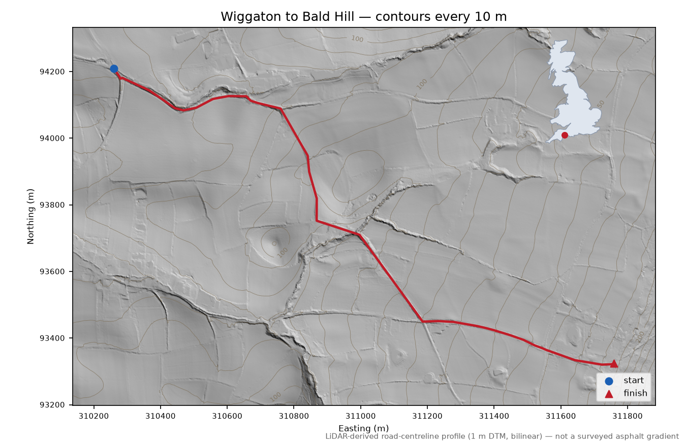 Wiggaton to Bald Hill LiDAR hillshade map with contours
