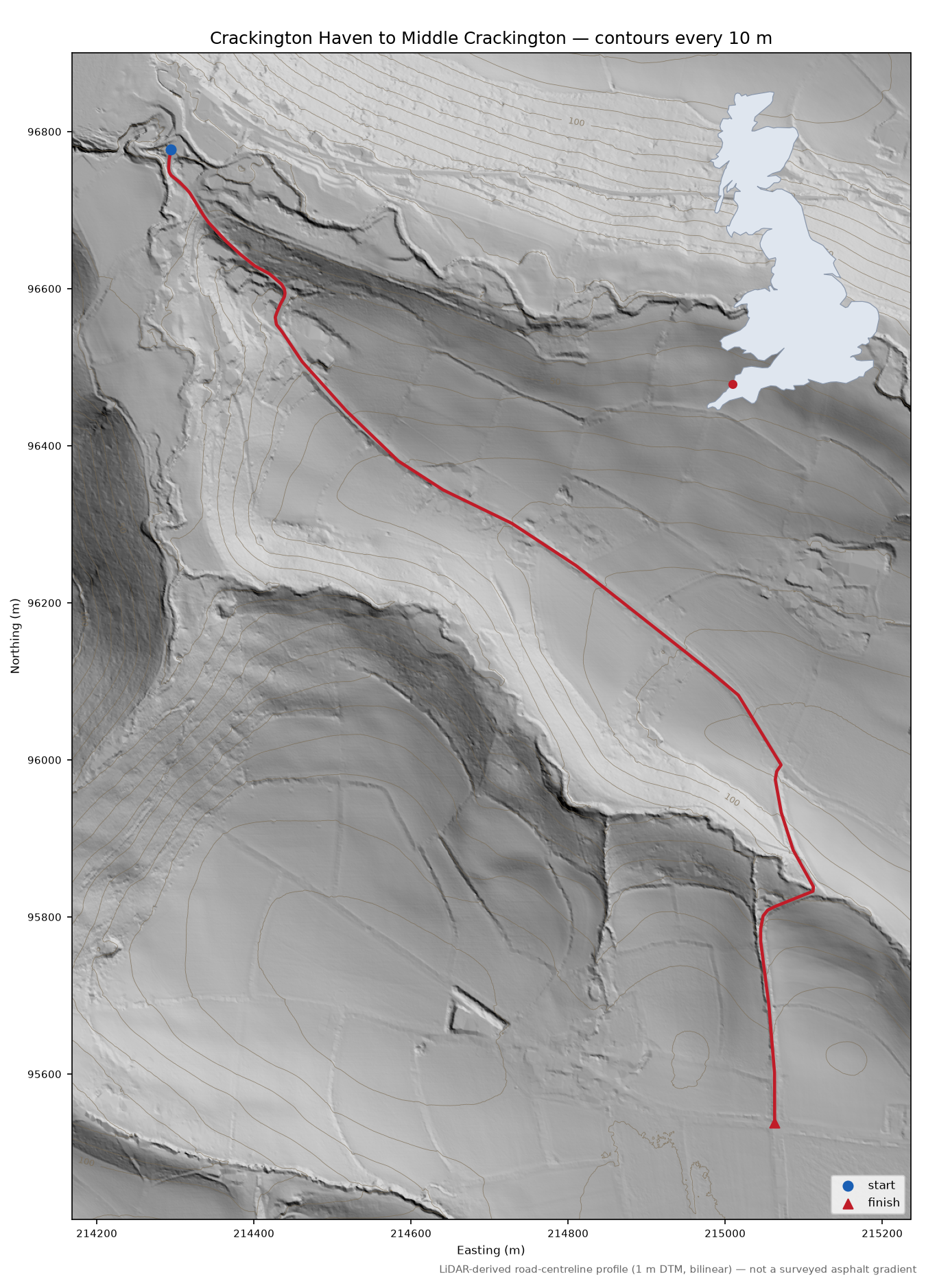 Crackington Haven to Middle Crackington LiDAR hillshade map with contours