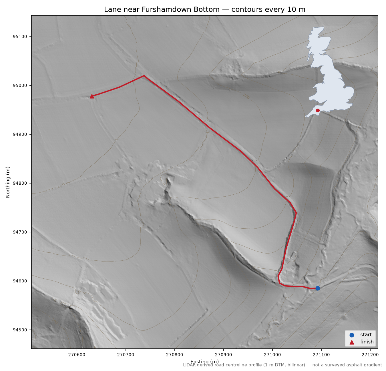 Lane near Furshamdown Bottom LiDAR hillshade map with contours