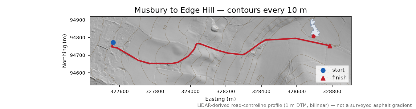 Musbury to Edge Hill LiDAR hillshade map with contours