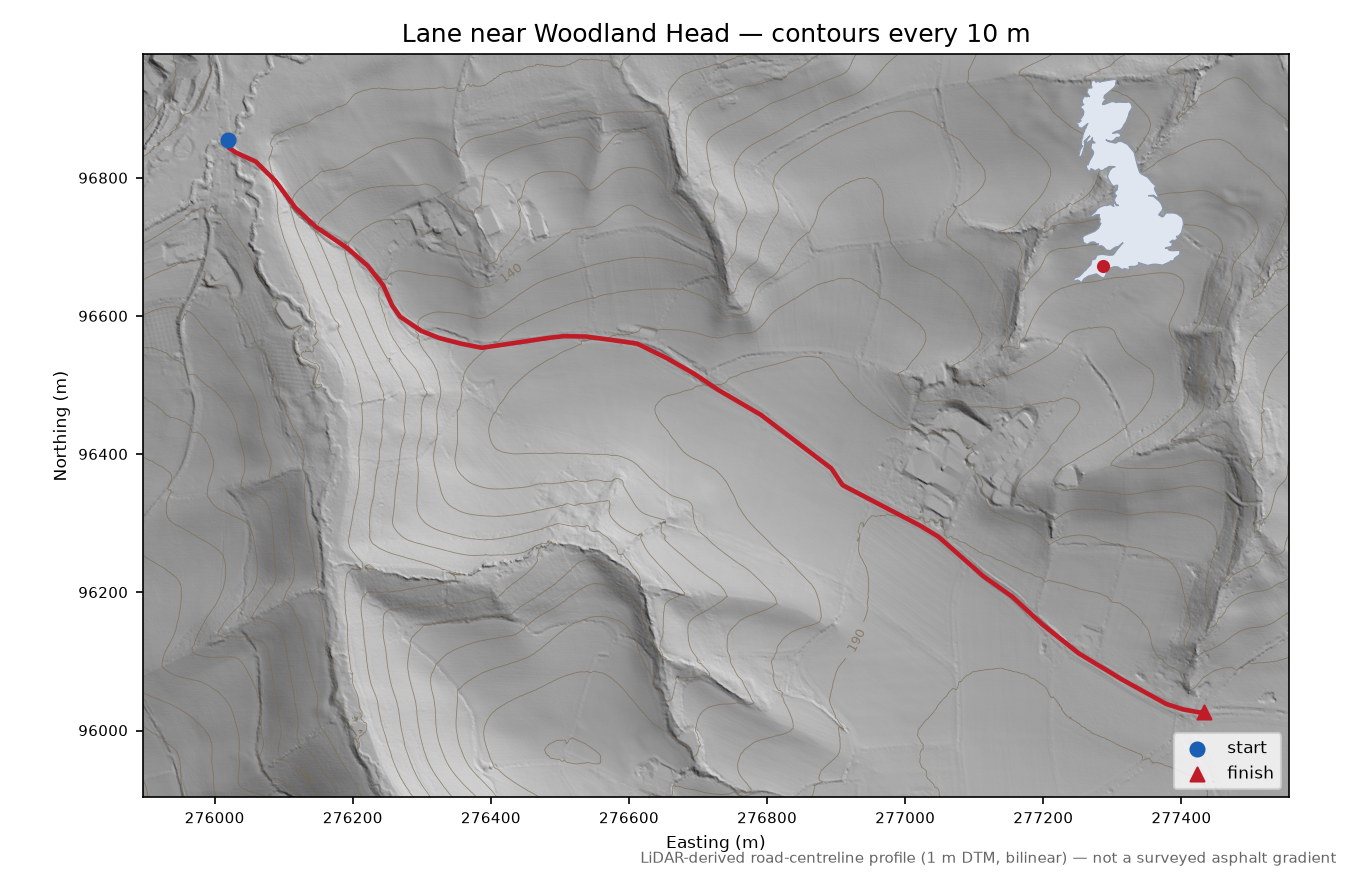 Lane near Woodland Head LiDAR hillshade map with contours