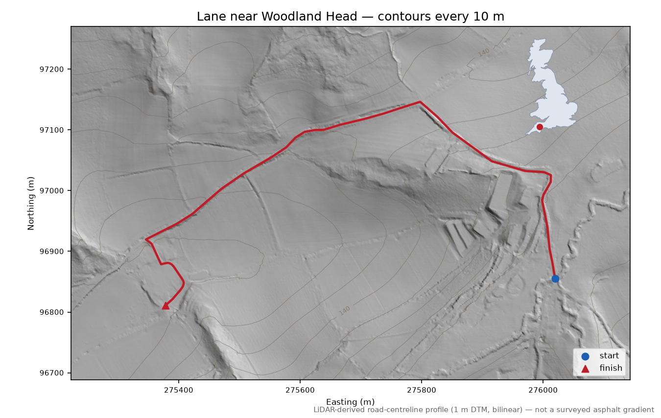 Lane near Woodland Head LiDAR hillshade map with contours