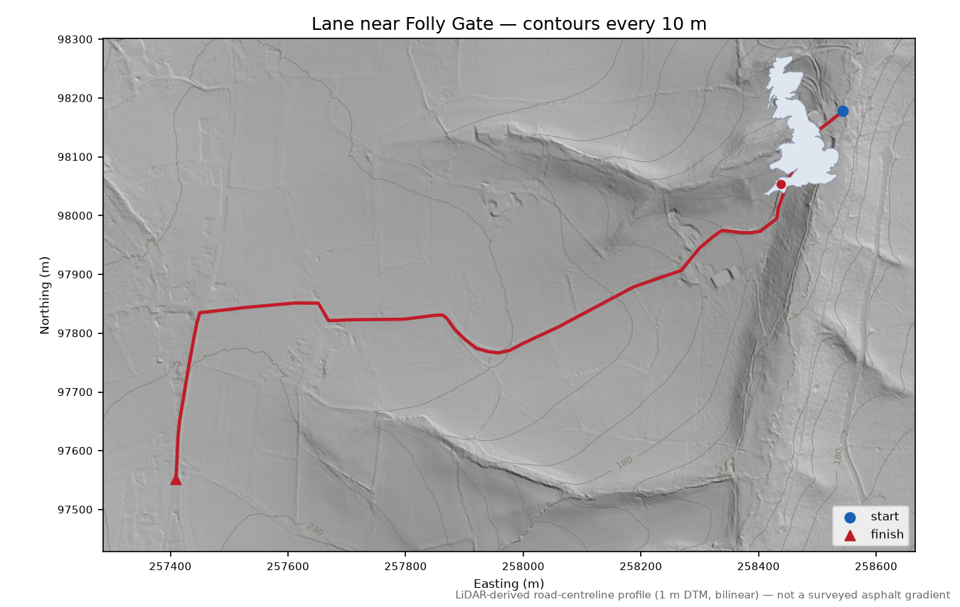 Lane near Folly Gate LiDAR hillshade map with contours
