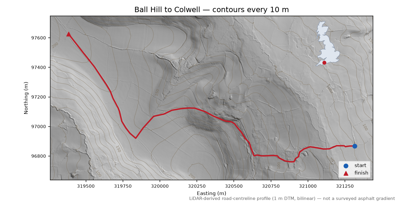 Ball Hill to Colwell LiDAR hillshade map with contours