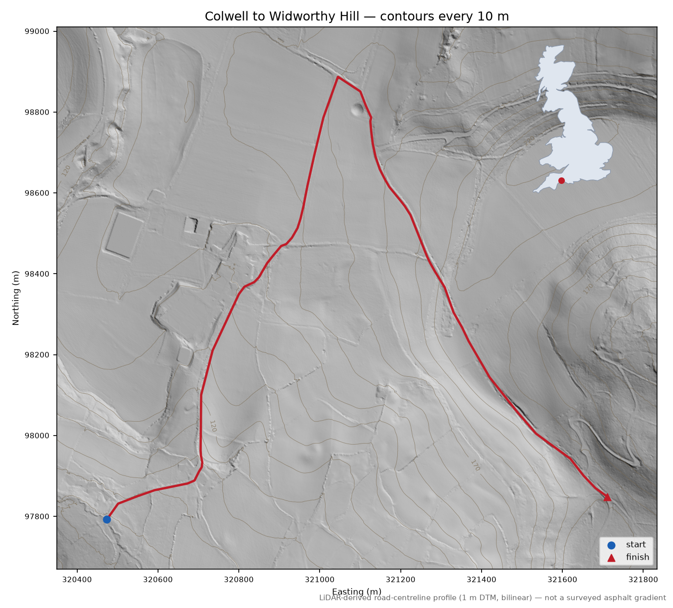 Colwell to Widworthy Hill LiDAR hillshade map with contours