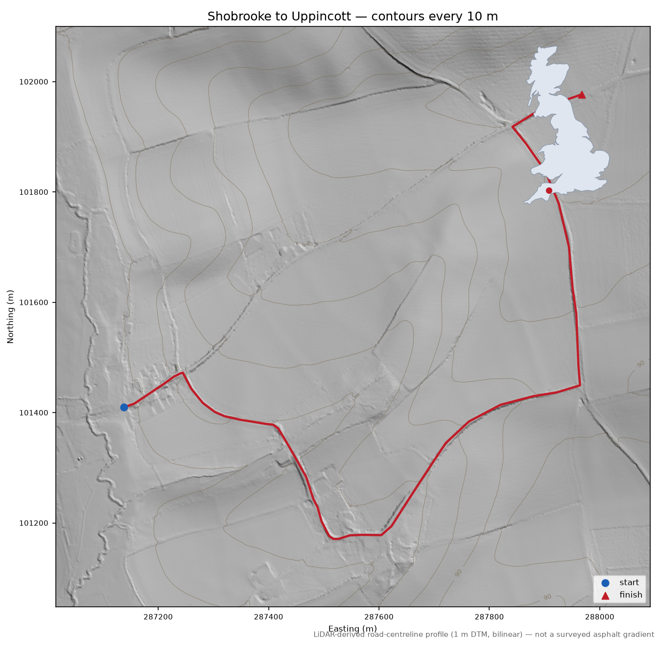 Shobrooke to Uppincott LiDAR hillshade map with contours