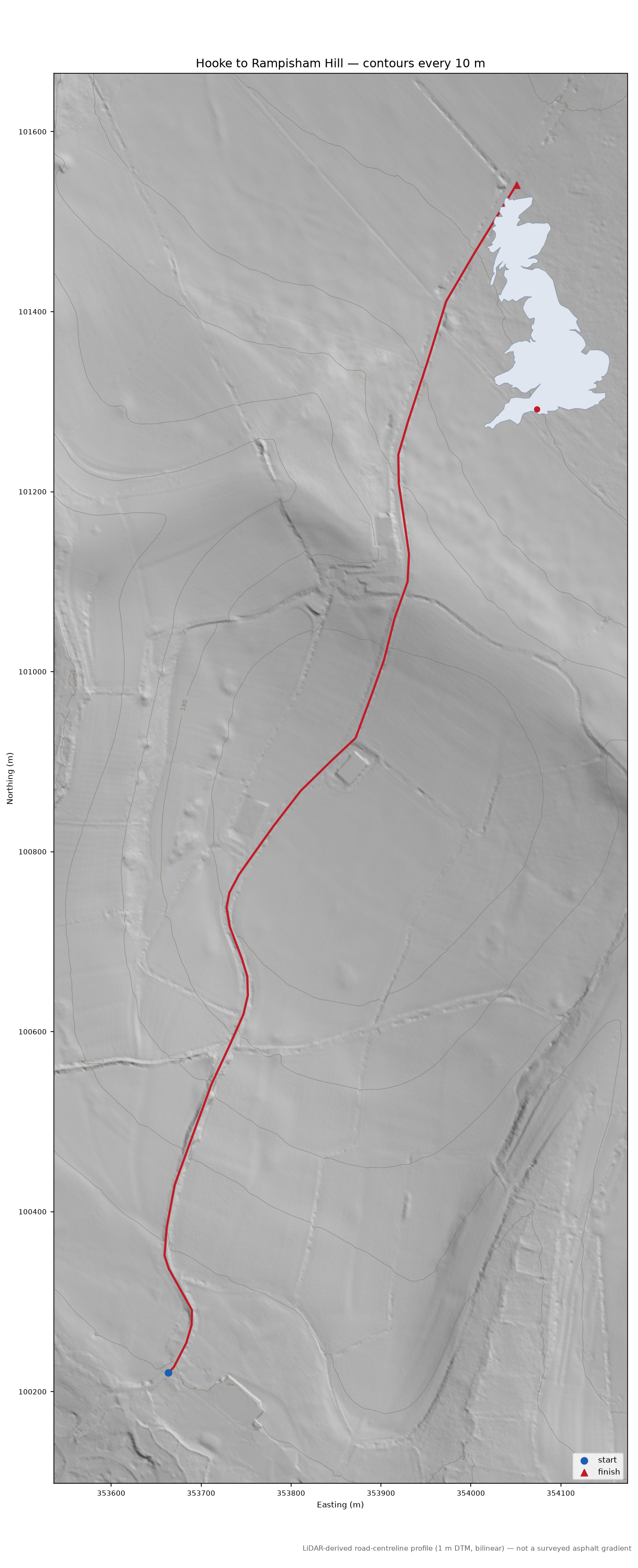 Hooke to Rampisham Hill LiDAR hillshade map with contours