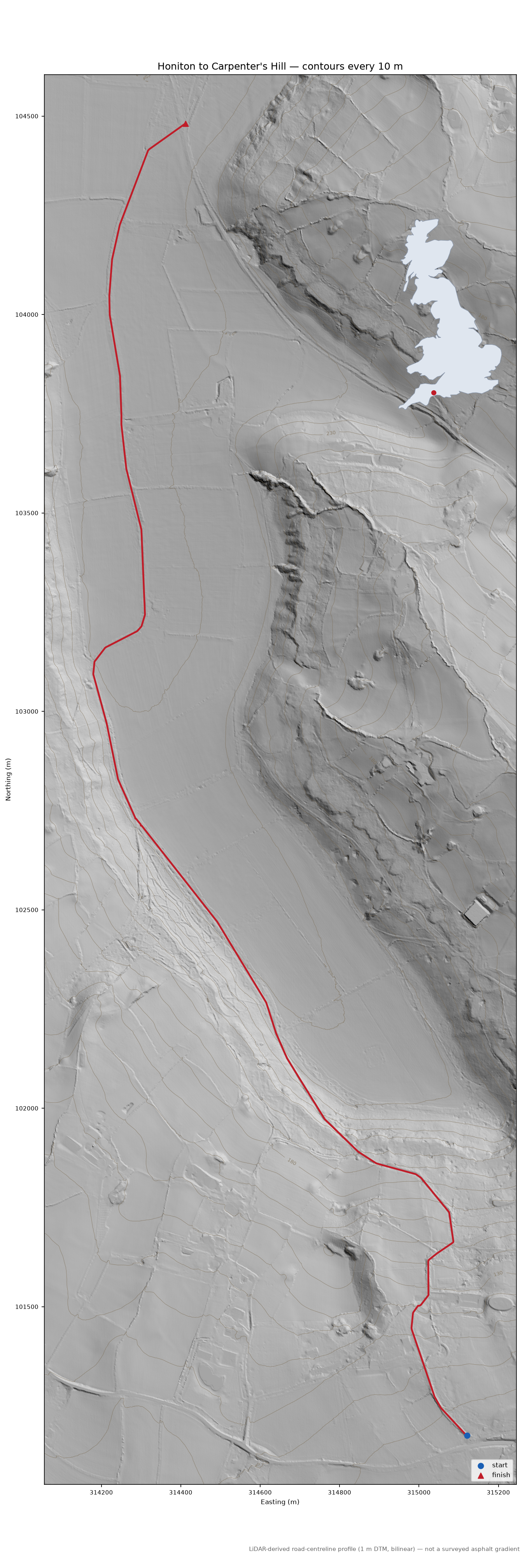 Honiton to Carpenter's Hill LiDAR hillshade map with contours