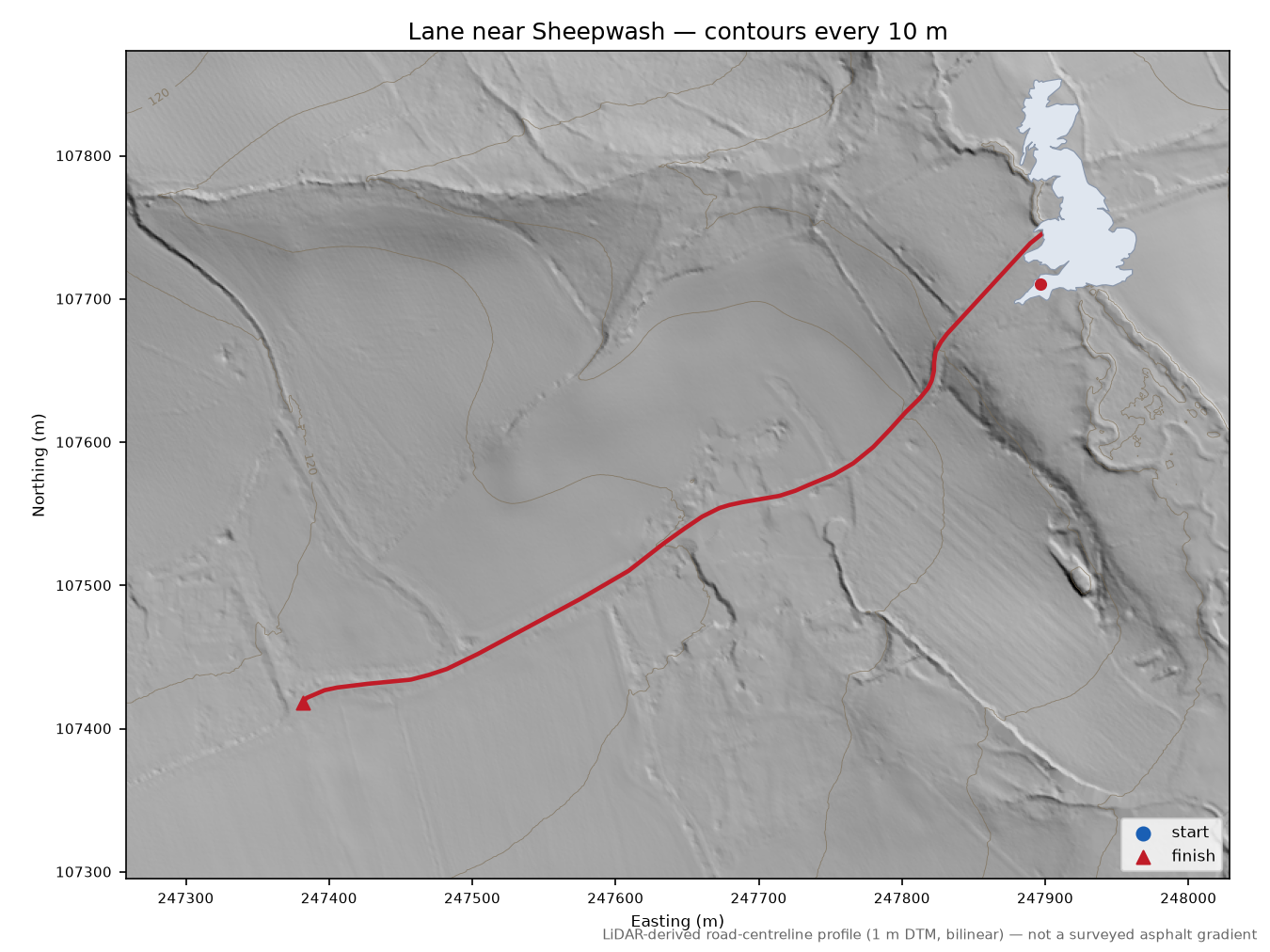 Lane near Sheepwash LiDAR hillshade map with contours