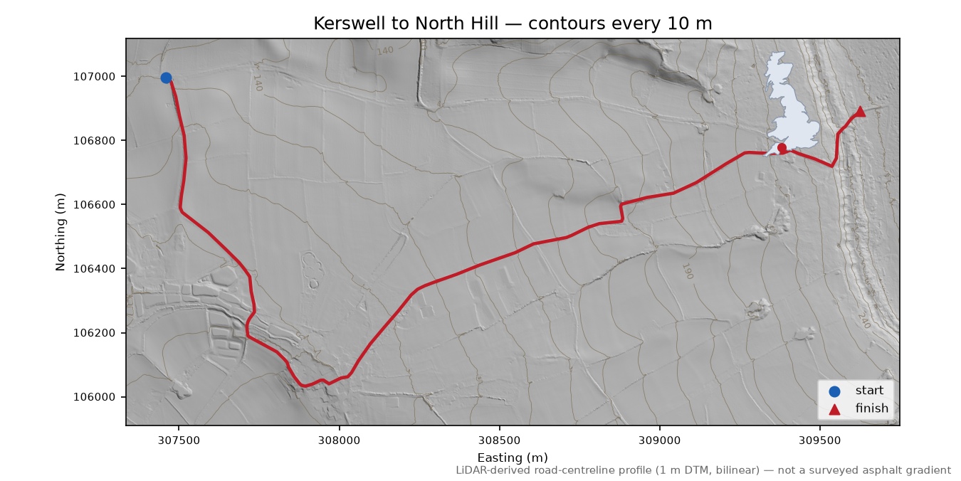 Kerswell to North Hill LiDAR hillshade map with contours