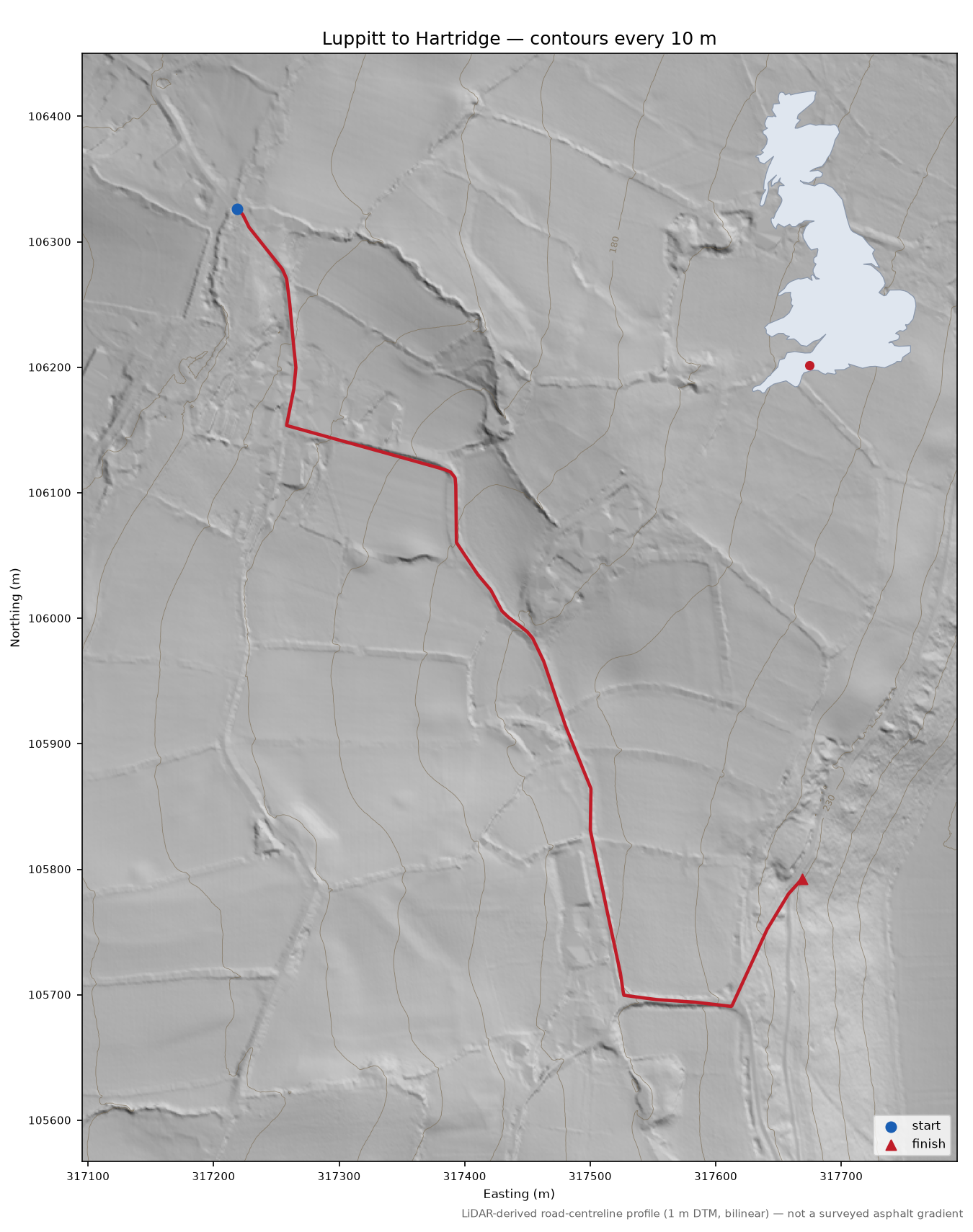 Luppitt to Hartridge LiDAR hillshade map with contours