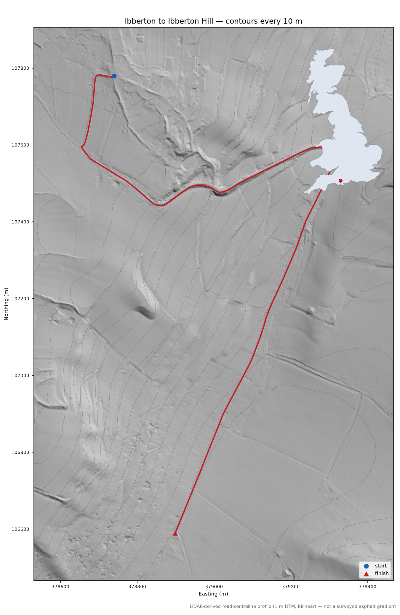 Ibberton to Ibberton Hill LiDAR hillshade map with contours